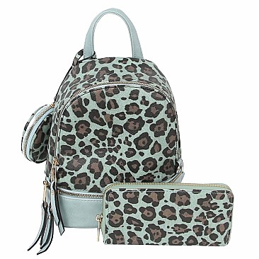 3-in-1 Leopard Print Convertible Backpack Wallet Set