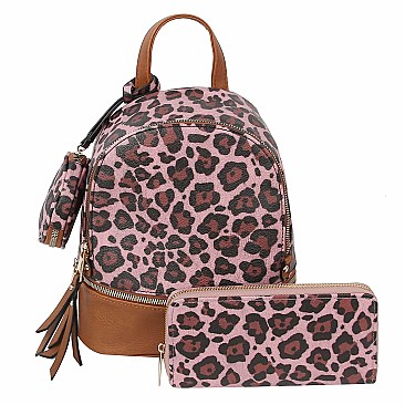3-in-1 Leopard Print Convertible Backpack Wallet Set