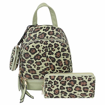 3-in-1 Leopard Print Convertible Backpack Wallet Set