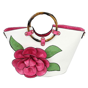 3D Flower Bamboo Round Handle Satchel