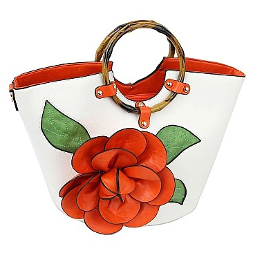 3D Flower Bamboo Round Handle Satchel