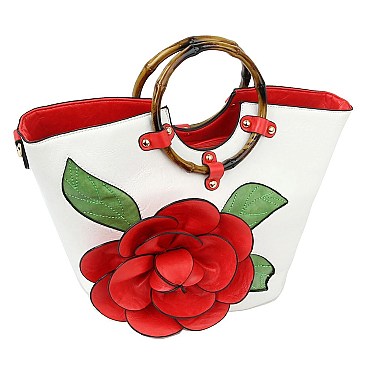 3D Flower Bamboo Round Handle Satchel