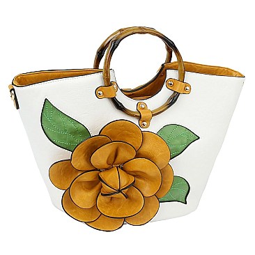 3D Flower Bamboo Round Handle Satchel