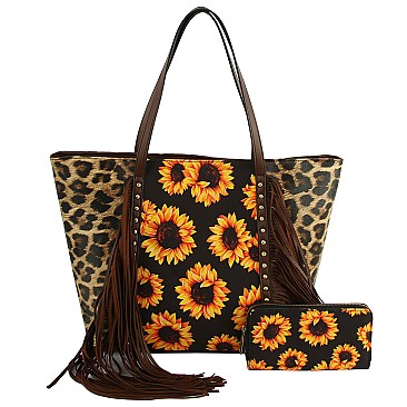Leopard-Cow-Sunflower Printed Fringed 2-in-1 Shopper