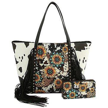 Leopard-Cow-Sunflower Printed Fringed 2-in-1 Shopper