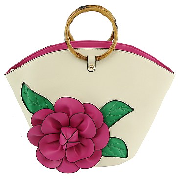 3D Flower Bamboo Round Handle Satchel