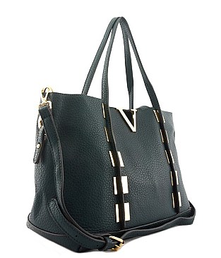 V METAL ACCENT High Quality Faux Leather Tote