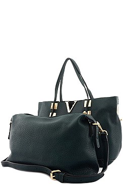 V METAL ACCENT High Quality Faux Leather Tote
