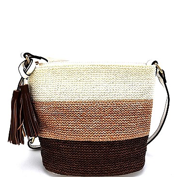 LJQ012-LP Tassel Accent Color Block Knitted Cross Body