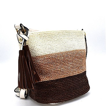 LJQ012-LP Tassel Accent Color Block Knitted Cross Body