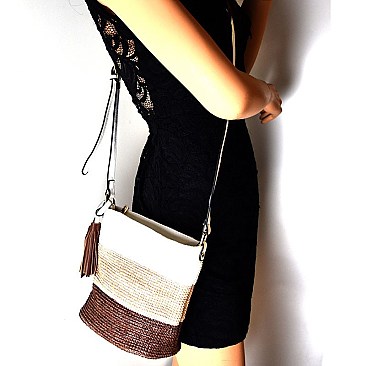 LJQ012-LP Tassel Accent Color Block Knitted Cross Body