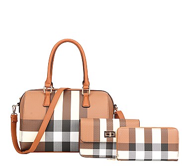 3 in 1 PLAID Print Boston Satchel Clutch Wallet SET