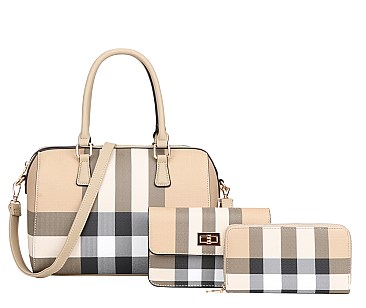 3 in 1 PLAID Print Boston Satchel Clutch Wallet SET