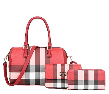 3 in 1 PLAID Print Boston Satchel Clutch Wallet SET