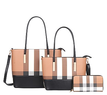 3 IN 1 PLAID DESIGN TOTE BAG SET