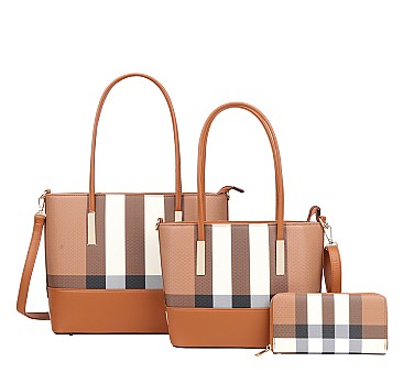 3 IN 1 PLAID DESIGN TOTE BAG SET