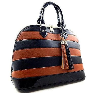 Elegant Two Tone Bowler Striped Zip-around Satchel