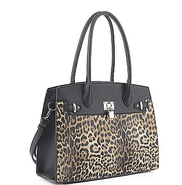 LEOPARD PRINTED FASHION KEY LOCK TOTE BAG