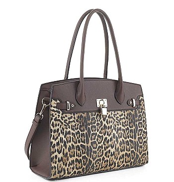 LEOPARD PRINTED FASHION KEY LOCK TOTE BAG