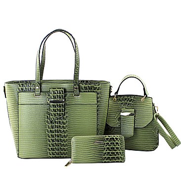 Crocodile-Ostrich Embossed 3 in 1 Tote Satchel Wallet Set