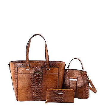 Crocodile-Ostrich Embossed 3 in 1 Tote Satchel Wallet Set