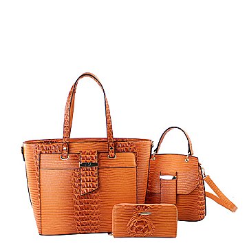 Crocodile-Ostrich Embossed 3 in 1 Tote Satchel Wallet Set