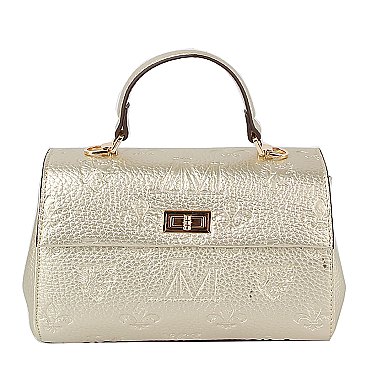 Embossed Monogram Top Handle Flap Satchel