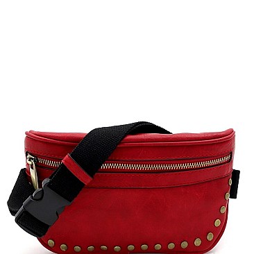 STUDDED BRASS-TONE FANNY PACK SLING BAG