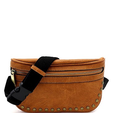 STUDDED BRASS-TONE FANNY PACK SLING BAG