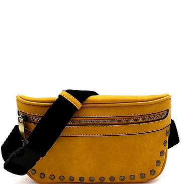 STUDDED BRASS-TONE FANNY PACK SLING BAG