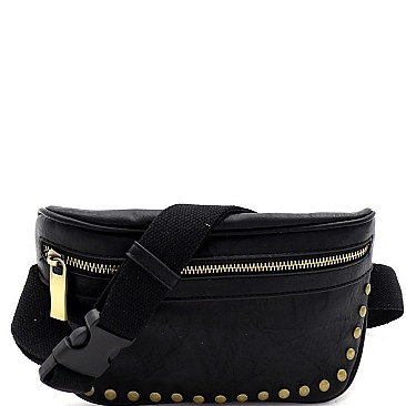 STUDDED BRASS-TONE FANNY PACK SLING BAG