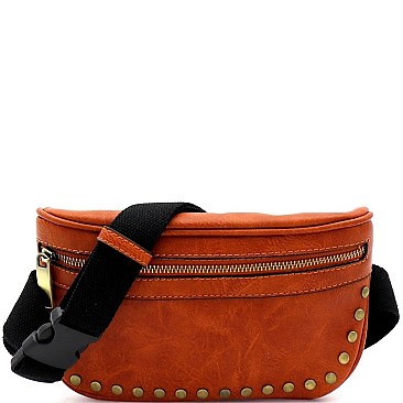 STUDDED BRASS-TONE FANNY PACK SLING BAG