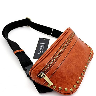 STUDDED BRASS-TONE FANNY PACK SLING BAG