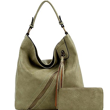 Diagonal Zipper Tassel Accent Hobo Wallet SET MH-LMS0811W
