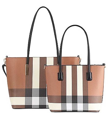 2 IN 1 TRENDY SMOOTH PLAID DESIGN TOTE BAG SET