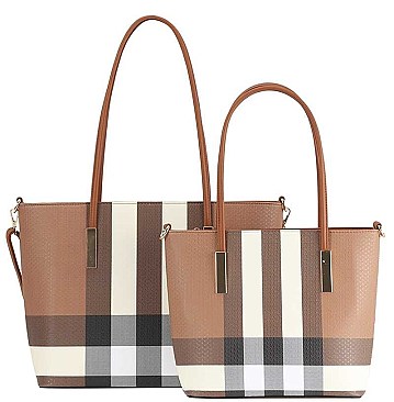 2 IN 1 TRENDY SMOOTH PLAID DESIGN TOTE BAG SET