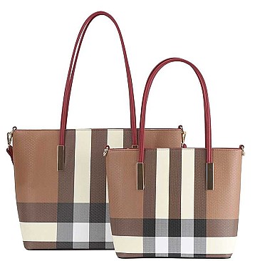 2 IN 1 TRENDY SMOOTH PLAID DESIGN TOTE BAG SET