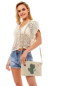 DESERT CACTUS AND SUN PRINT STRAW POUCH CROSSBODY BAG