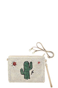 DESERT CACTUS AND SUN PRINT STRAW POUCH CROSSBODY BAG
