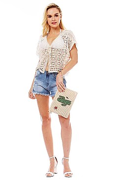 DESERT CACTUS AND SUN PRINT STRAW POUCH CROSSBODY BAG
