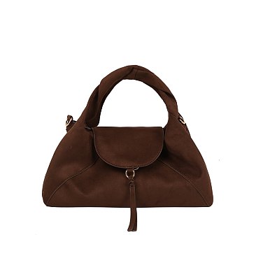 Faux Suede Flap Satchel