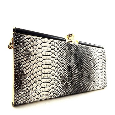 Metal Frame Snake Print Jewel-top Clutch