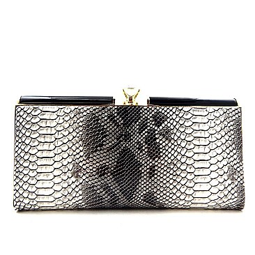 Metal Frame Snake Print Jewel-top Clutch