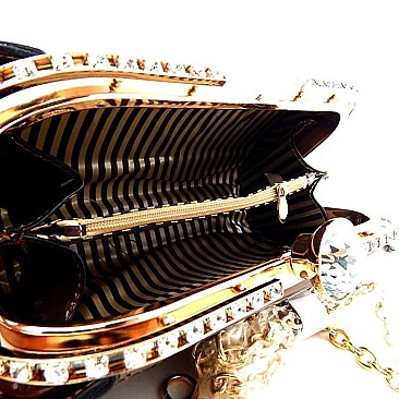 Jewel-top Rhinestone Metal Frame Patent Evening Bag