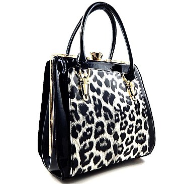 wholesale Patent Leopard Print Jewel-Top Framed Satchel