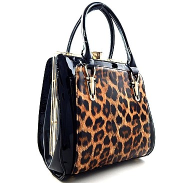 wholesale Patent Leopard Print Jewel-Top Framed Satchel