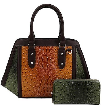 2IN1 TWO TONE CROCO PATTERN SATCHEL WITH MATCHING WALLET