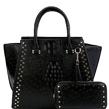 STUDDED WING OSTRICH PRINT SATCHEL WALLET SET