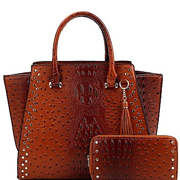 STUDDED WING OSTRICH PRINT SATCHEL WALLET SET