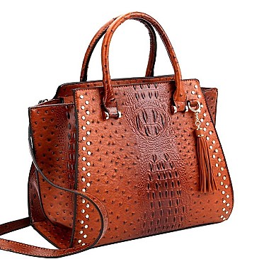 STUDDED WING OSTRICH PRINT SATCHEL WALLET SET